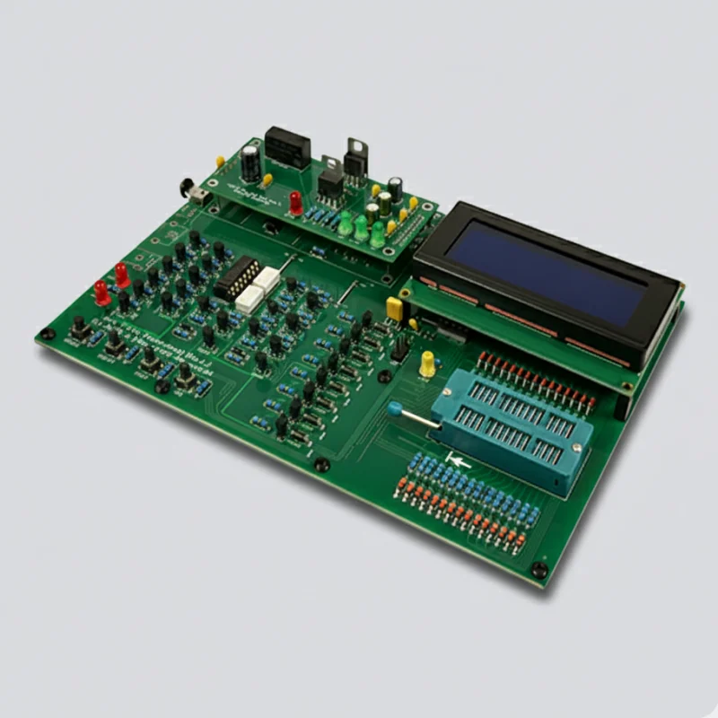 Retro Chip Tester mit ZIF-Sockel, LEDs, Schaltern und großem LCD-Display auf einer grünen Leiterplatte.